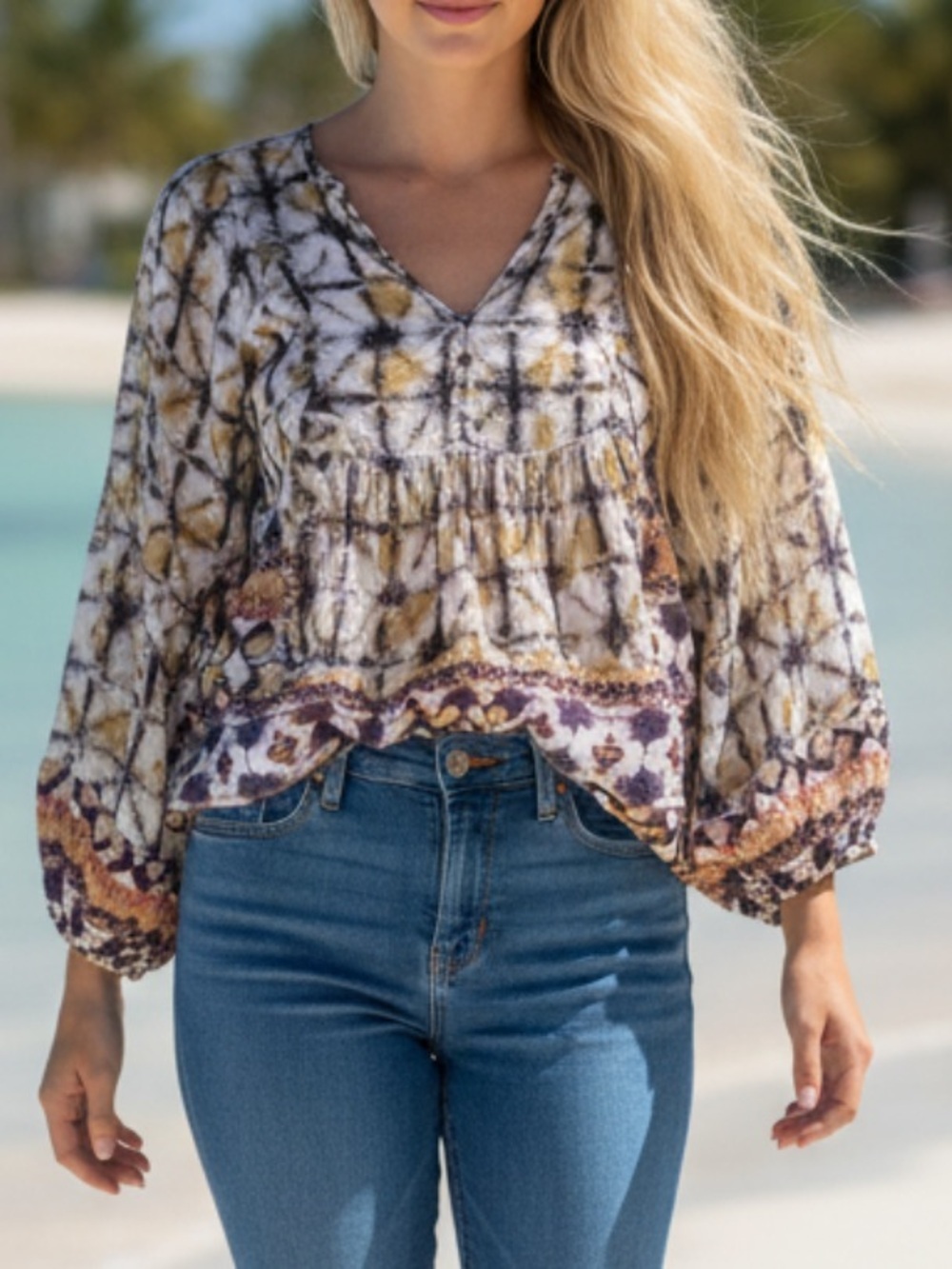 NWT- Solitaire Boho Women's Gold and Blue Patterned Blouse